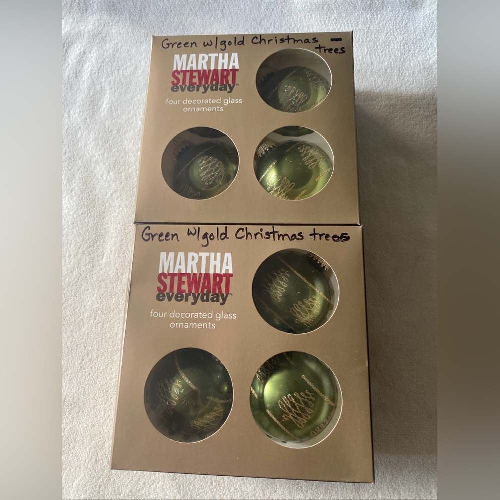 Vintage Martha Stewart Green and Gold Glass Tree Ornaments - Set of 8